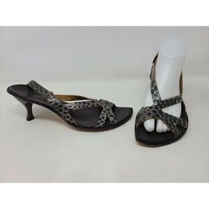 CYDWOQ VINTAGE BLACK SILVER GATOR LEATHER STRAPPY SANDALS KITTEN HEEL SIZE 37 US
